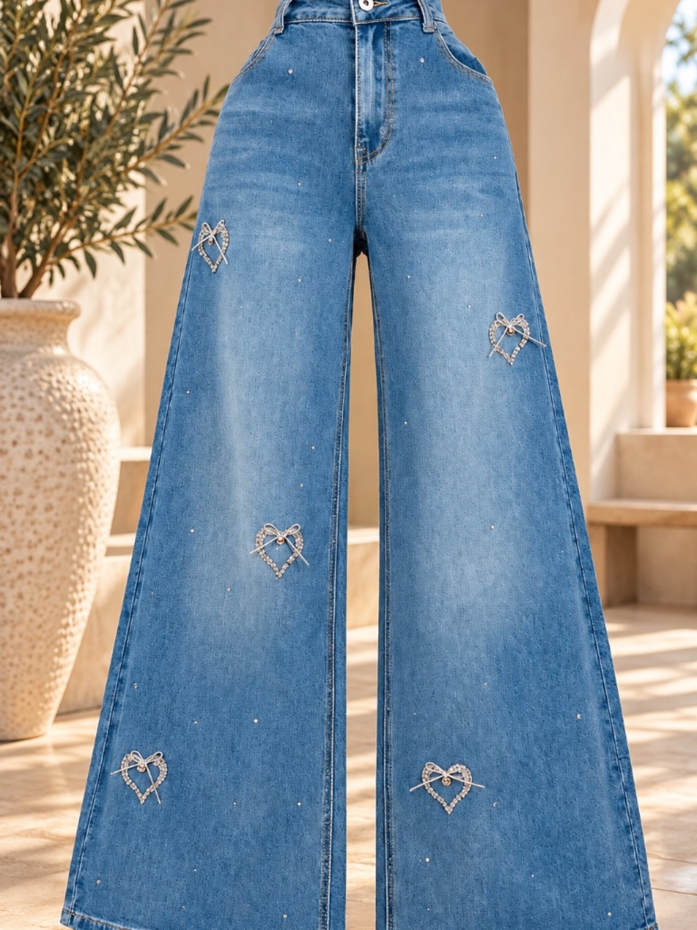 SM272 | Rhinestone Heart Bow Wide Leg Jeans | Medium Wash